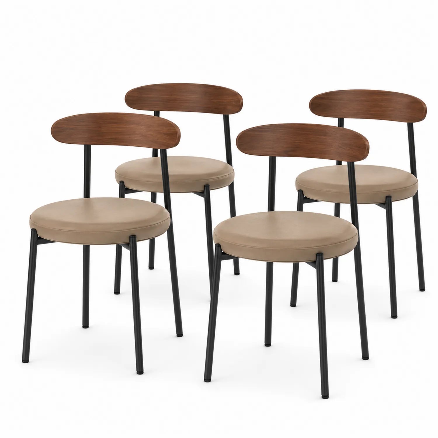 Set di 4 Sedie in Ecopelle Beige con Schienale in Legno e Struttura in Metallo Nero
