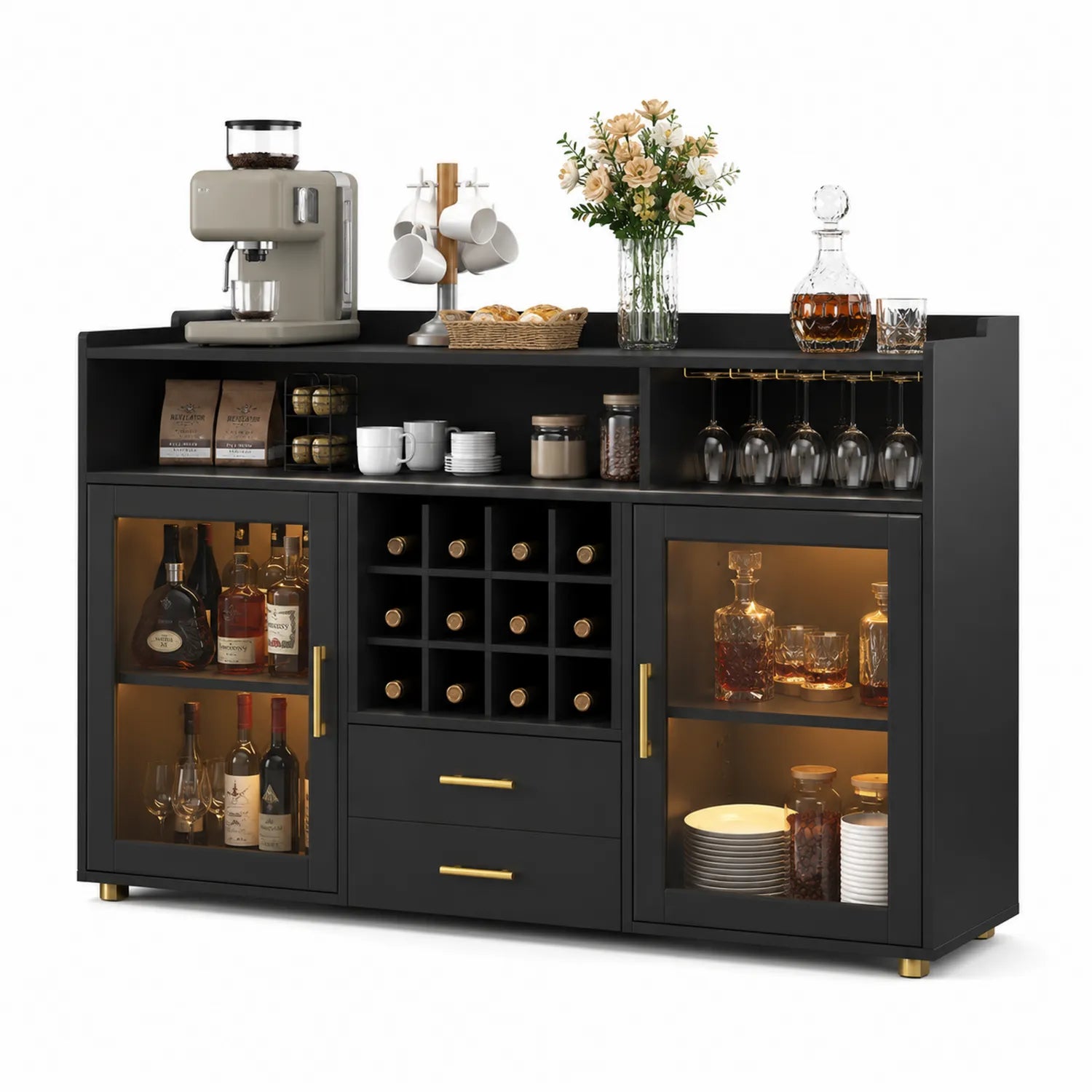 Credenza nera in legno MDF con vetro temperato