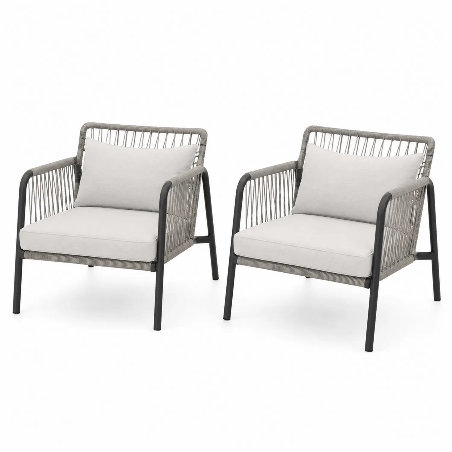 Set di 2 Sedie da Esterno con Struttura in Metallo e Corda, Cuscino Grigio Chiaro